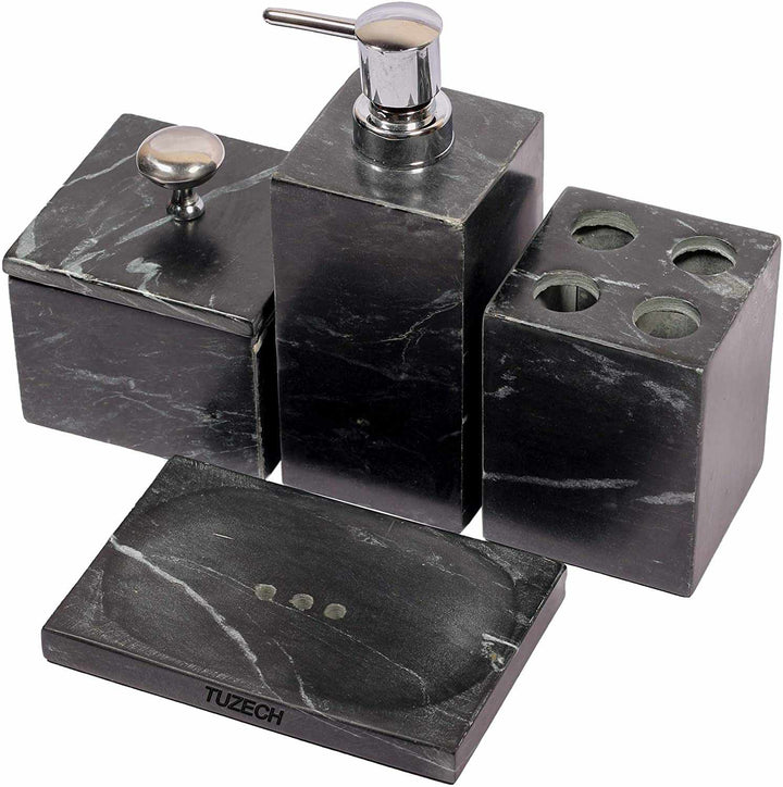 Tuzech Marble Bathroom Accessory Set Made from Natural Stone - Bath Accessories Set of 4 Includes sanitizer Soap Dispenser, Toothbrush Holder, Tumbler and Soap Dish (Grey)-Tuzech store