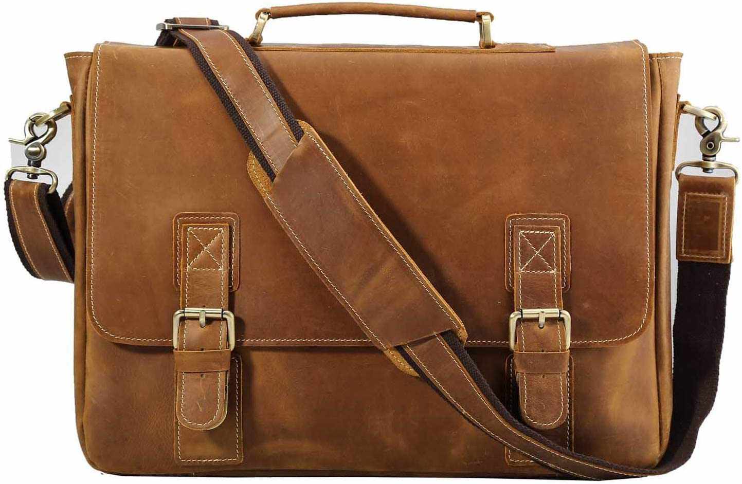 Tuzech Vintage Genuine Leather Tote Briefcase Professional Laptop Shoulder Messenger Bag with YKK Metal Zippers-Tuzech store
