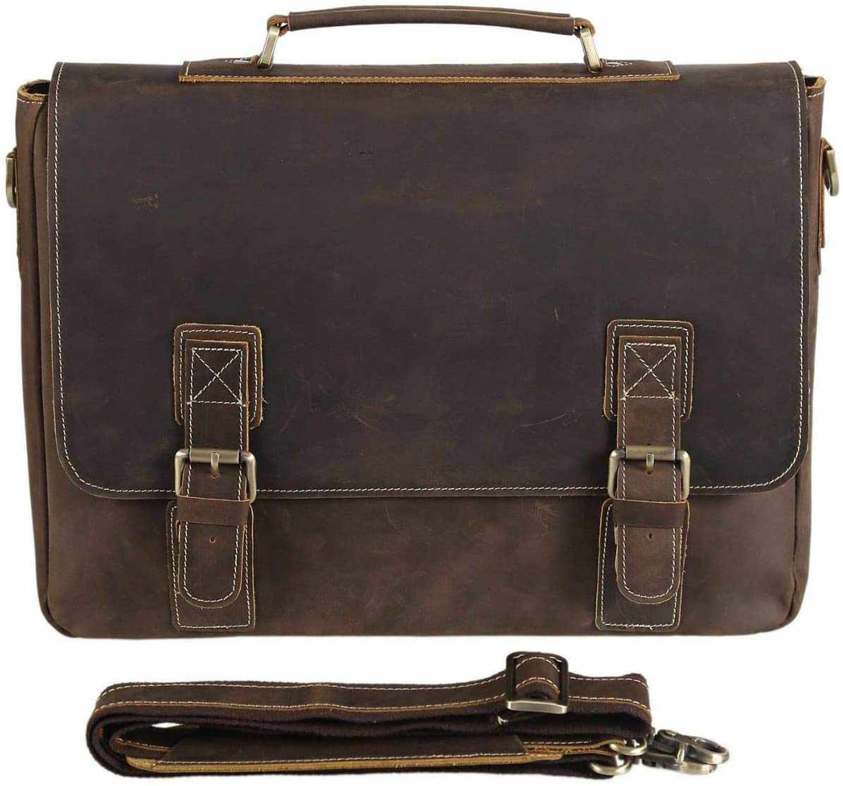 Tuzech Vintage Genuine Leather Tote Briefcase Professional Laptop Shoulder Messenger Bag with YKK Metal Zippers-Tuzech store