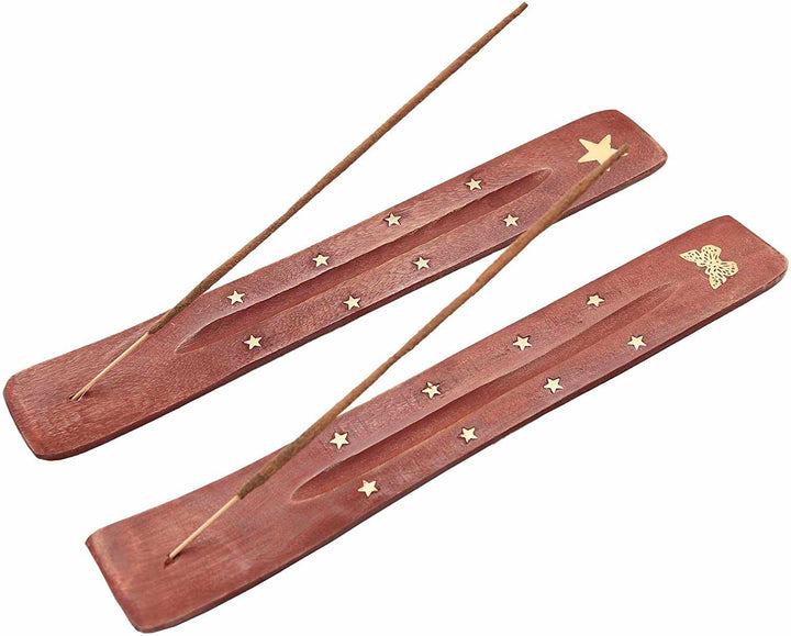 Tuzech Wood Incense Stick Holder Wooden Incense Burner Ash Catcher Incense Holder for Sticks with Inlays of Brass Assorted Styles Simple and Elegant Home Decoration 10 Inches Long Set of 2-Tuzech store