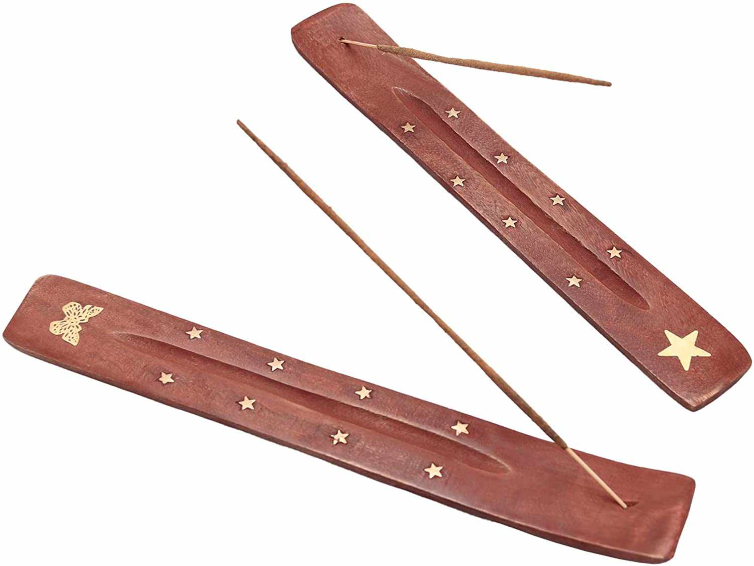 Tuzech Wood Incense Stick Holder Wooden Incense Burner Ash Catcher Incense Holder for Sticks with Inlays of Brass Assorted Styles Simple and Elegant Home Decoration 10 Inches Long Set of 2-Tuzech store