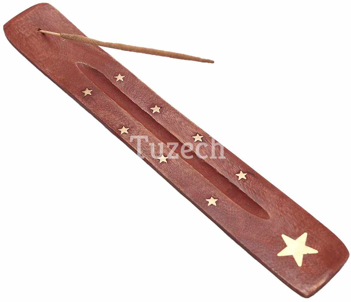 Tuzech Wood Incense Stick Holder Wooden Incense Burner Ash Catcher Incense Holder for Sticks with Inlays of Brass Assorted Styles Simple and Elegant Home Decoration 10 Inches Long Set of 2-Tuzech store