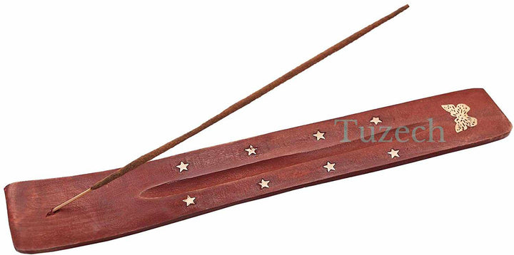 Tuzech Wood Incense Stick Holder Wooden Incense Burner Ash Catcher Incense Holder for Sticks with Inlays of Brass Assorted Styles Simple and Elegant Home Decoration 10 Inches Long Set of 2-Tuzech store
