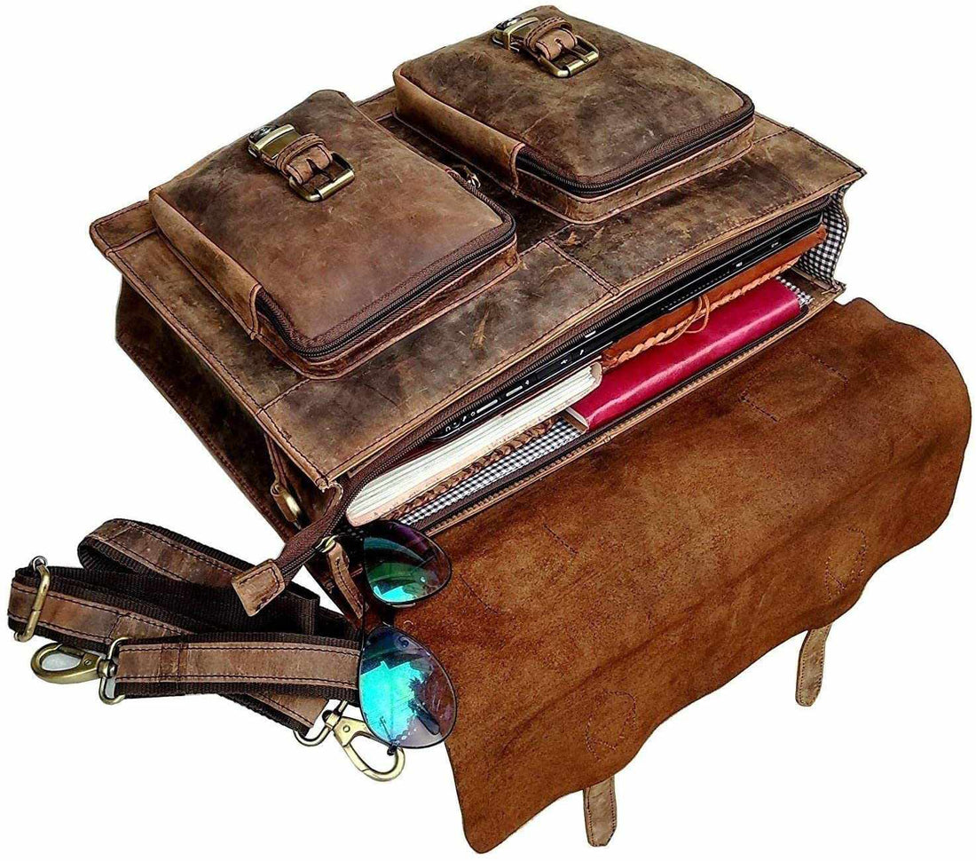 Tuzech genuine Retro Buffalo Hunter Leather Laptop Messenger Bag Office Briefcase College Bag Leather Bag for Men and Women-Tuzech store